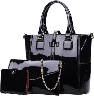 Women's 3pcs Handbags Patent Leather Fashion Shoulder Bag Large Capacity Handbag