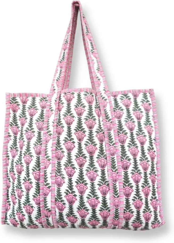 Women's Cotton Quilted Tote Hand Bag - Block Printed Cotton Traveling Shoulder Handbag