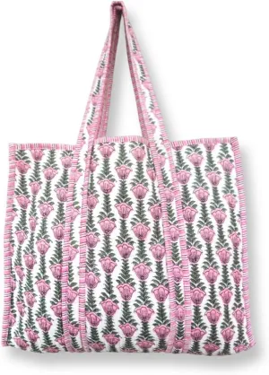 Women's Cotton Quilted Tote Hand Bag - Block Printed Cotton Traveling Shoulder Handbag