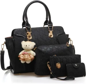 Women's Fashion Handbags Tote Bags Shoulder Bag Top Handle Satchel Purse Set 4pcs Black