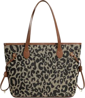 Women's Large Canvas Cheetah Leopard Print Work Travel Tote Shoulder Bag