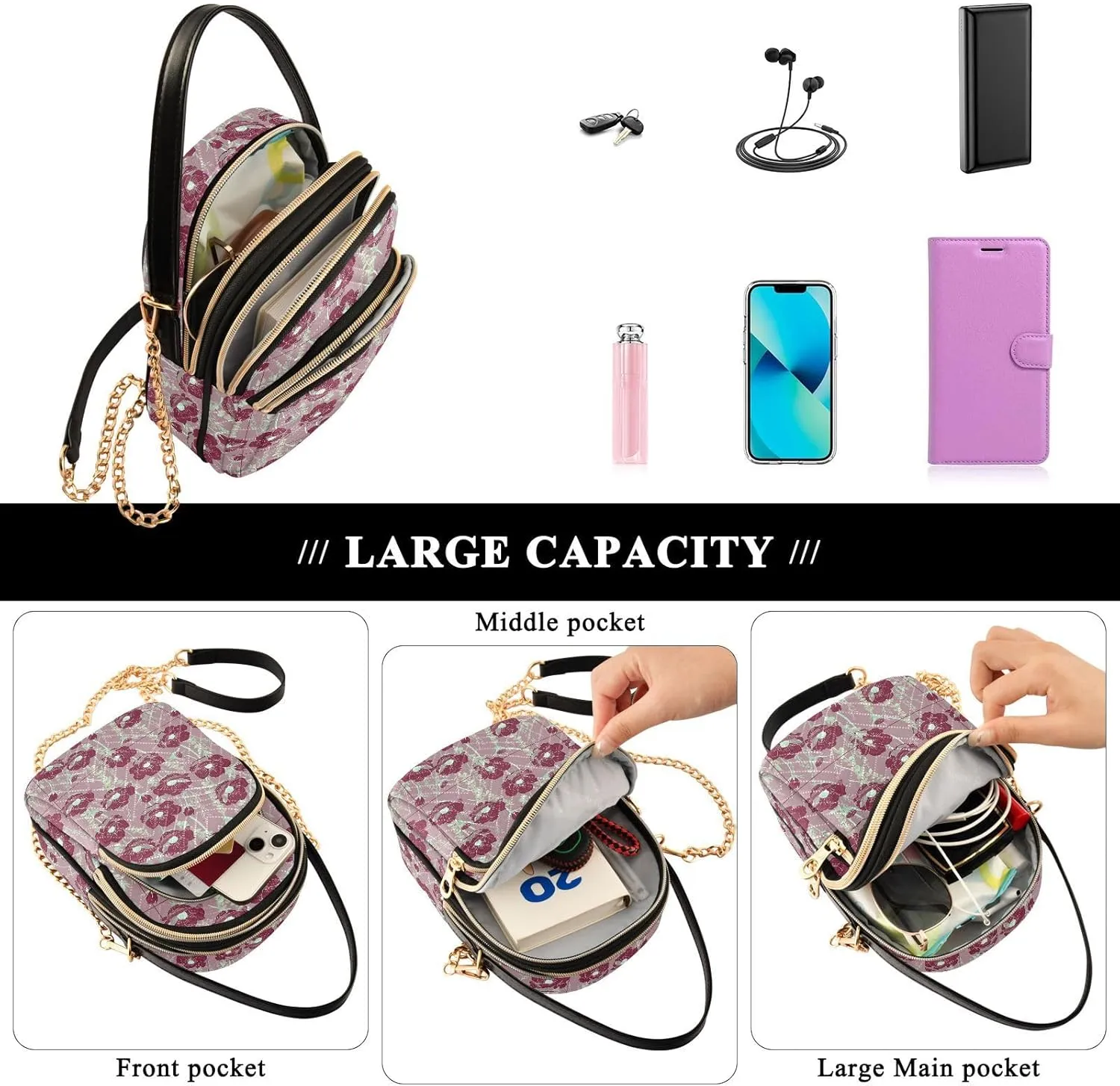 Women's Shoulder Handbags Quilted Fabric Handbags for Women Floral Print Chain Satchel Tote Bag with Zipper,Multi1