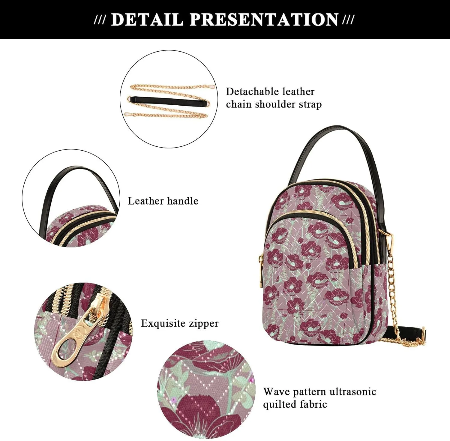 Women's Shoulder Handbags Quilted Fabric Handbags for Women Floral Print Chain Satchel Tote Bag with Zipper,Multi1
