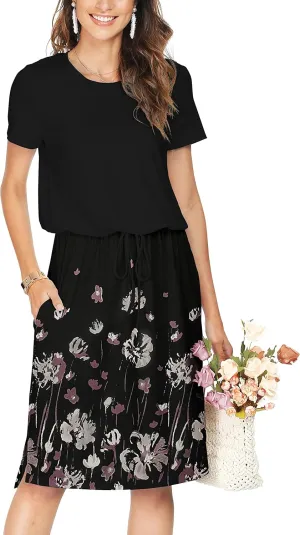 Womens Summer Hide Belly Knee Length Travel Dress Pocket 2025 Spring Short Sleeve Midi Work Casual Teacher Outfits