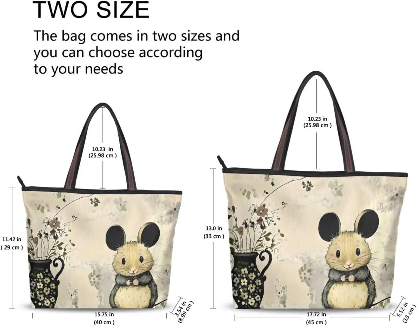 Women's Tote Bags Fairy Tale Mouse Print Reusable Grocery Handbag Bags with Zipper Large Size