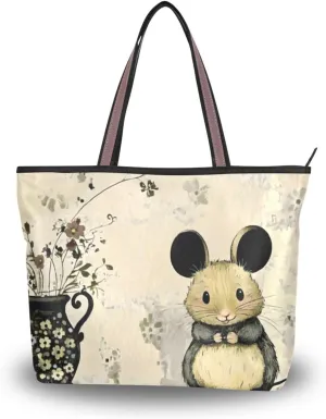 Women's Tote Bags Fairy Tale Mouse Print Reusable Grocery Handbag Bags with Zipper Large Size