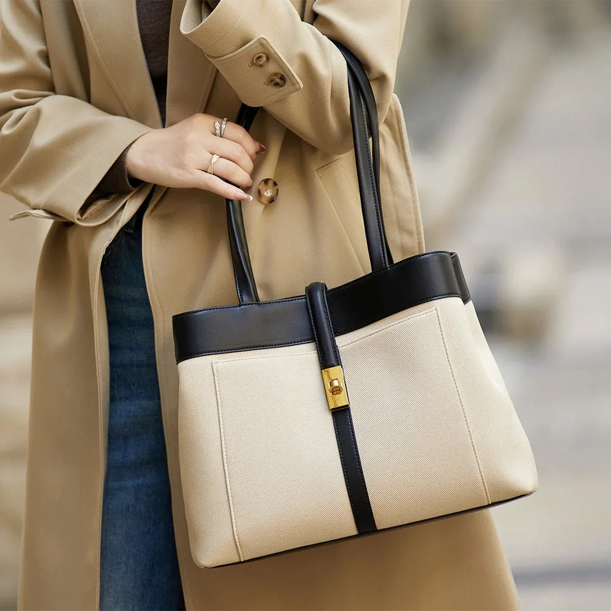 Women’s Two-Tone Leather Tote Bag - Cream & Black/Brown Trim - One Size