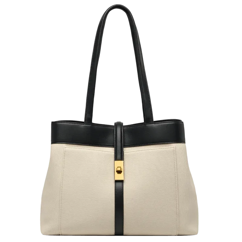 Women’s Two-Tone Leather Tote Bag - Cream & Black/Brown Trim - One Size