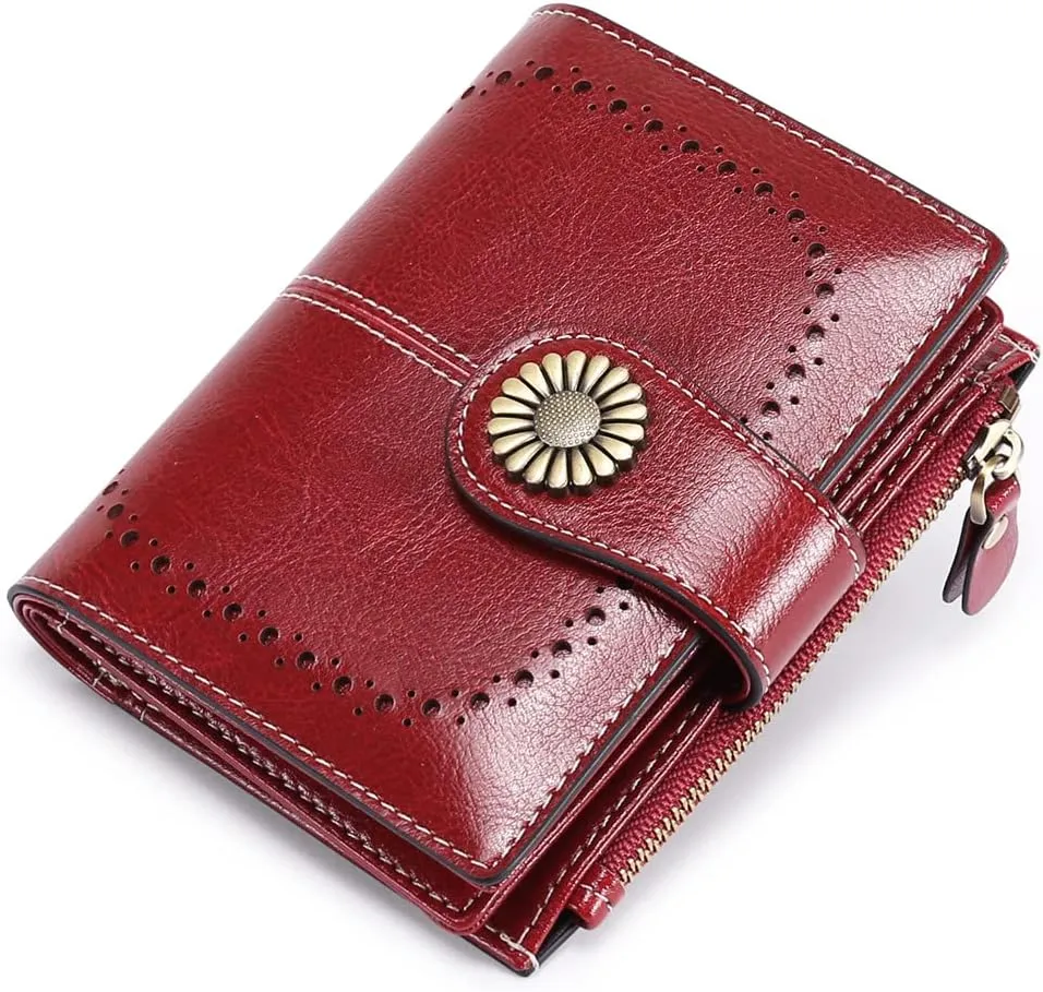 Womens Wallet Pouch Purse Genuine Leather Bifold ID Window Credit Debit Card Holder RFID Protected with Gift Box (Red)