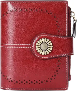 Womens Wallet Pouch Purse Genuine Leather Bifold ID Window Credit Debit Card Holder RFID Protected with Gift Box (Red)