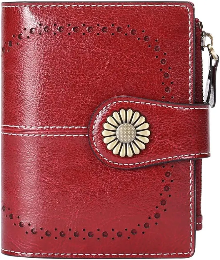Womens Wallet Pouch Purse Genuine Leather Bifold ID Window Credit Debit Card Holder RFID Protected with Gift Box (Red)