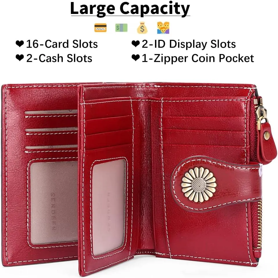 Womens Wallet Pouch Purse Genuine Leather Bifold ID Window Credit Debit Card Holder RFID Protected with Gift Box (Red)