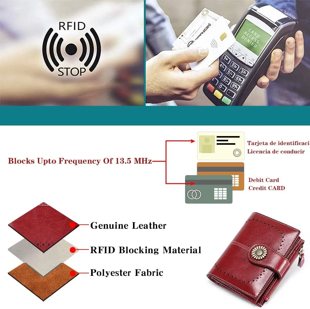 Womens Wallet Pouch Purse Genuine Leather Bifold ID Window Credit Debit Card Holder RFID Protected with Gift Box (Red)