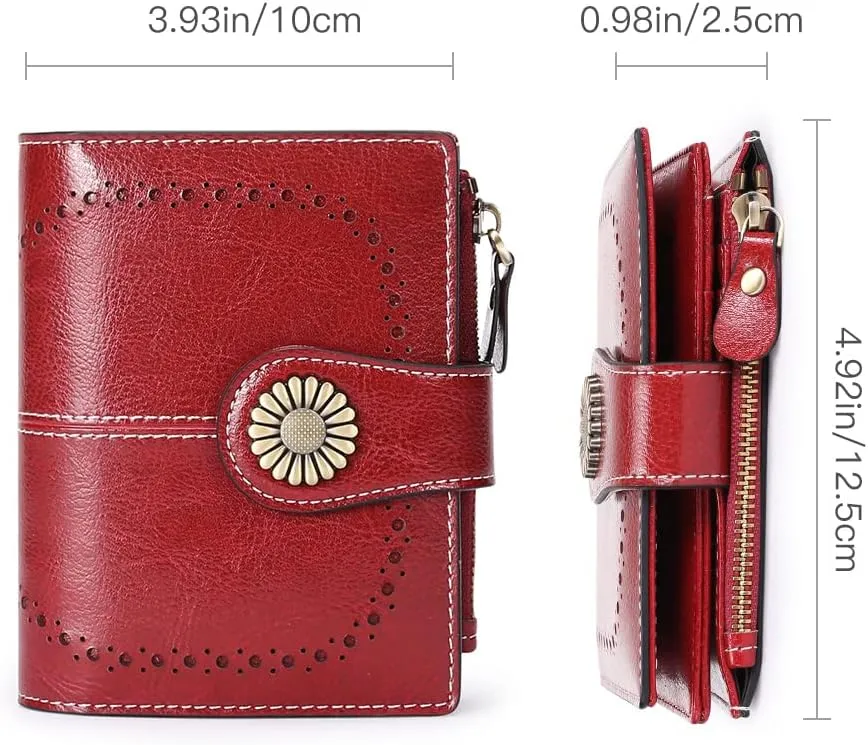 Womens Wallet Pouch Purse Genuine Leather Bifold ID Window Credit Debit Card Holder RFID Protected with Gift Box (Red)