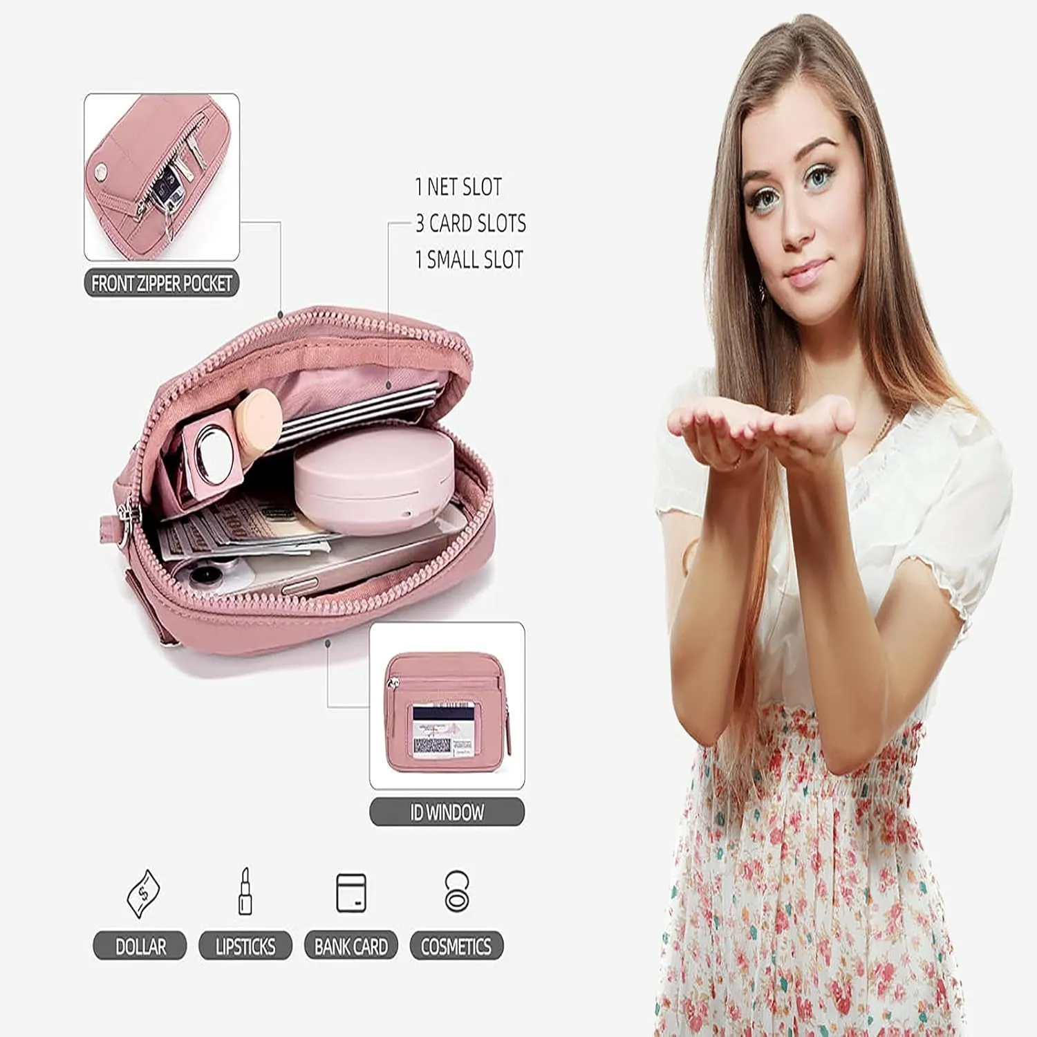 Women's Wristlet Handbags,Waterproof Nylon Quilted Keychain Wallet Clutches,Portable Zip Card Case with ID Window