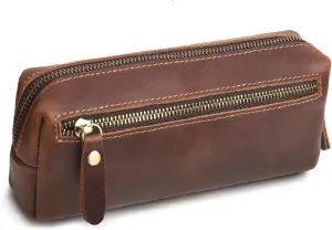 WONDERPOOL Pen Case Real Leather Pencil Pouch Markers Holder Big Capacity Bag with Side Zippered Pocket for Stationery Tool