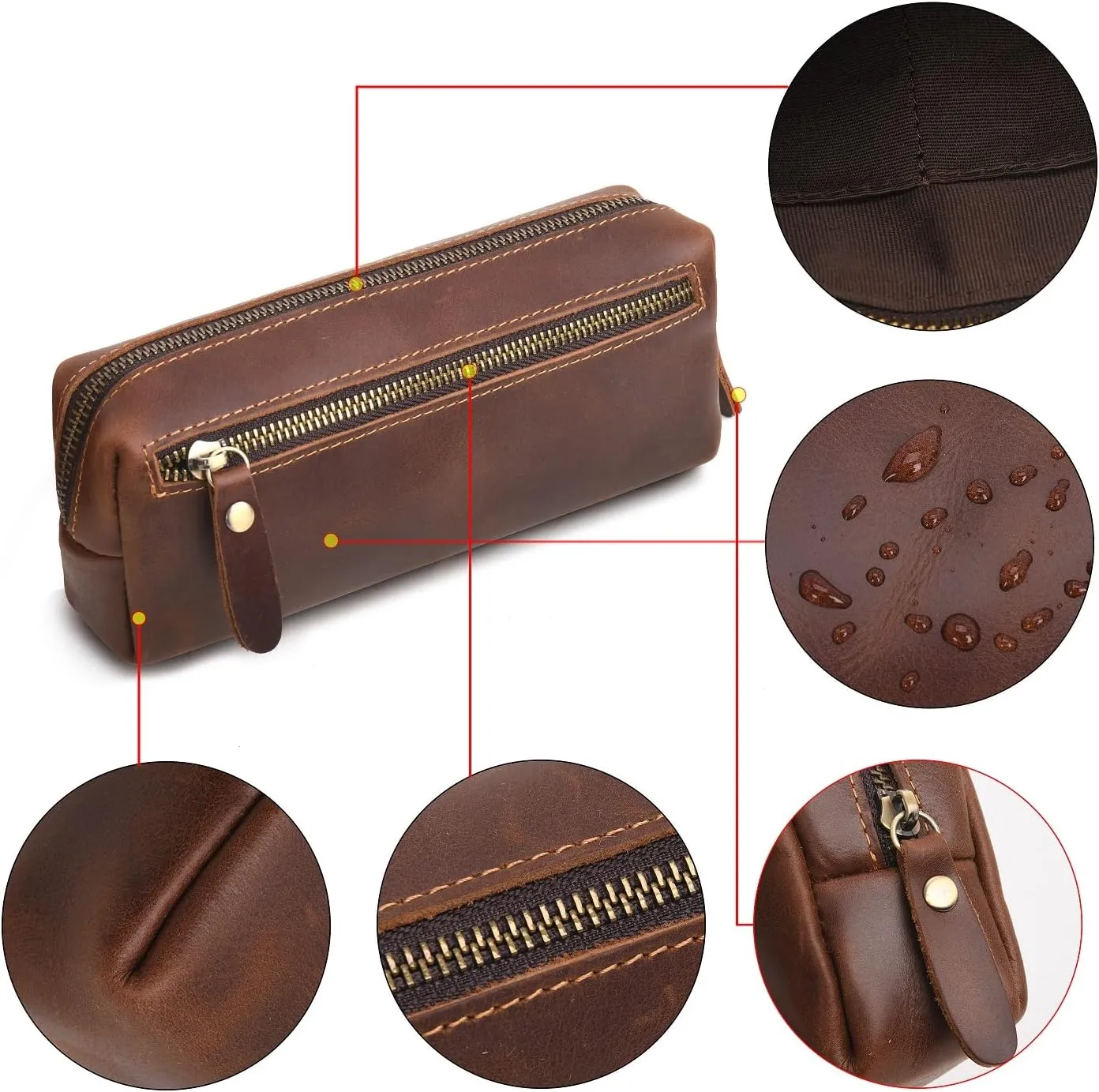 WONDERPOOL Pen Case Real Leather Pencil Pouch Markers Holder Big Capacity Bag with Side Zippered Pocket for Stationery Tool