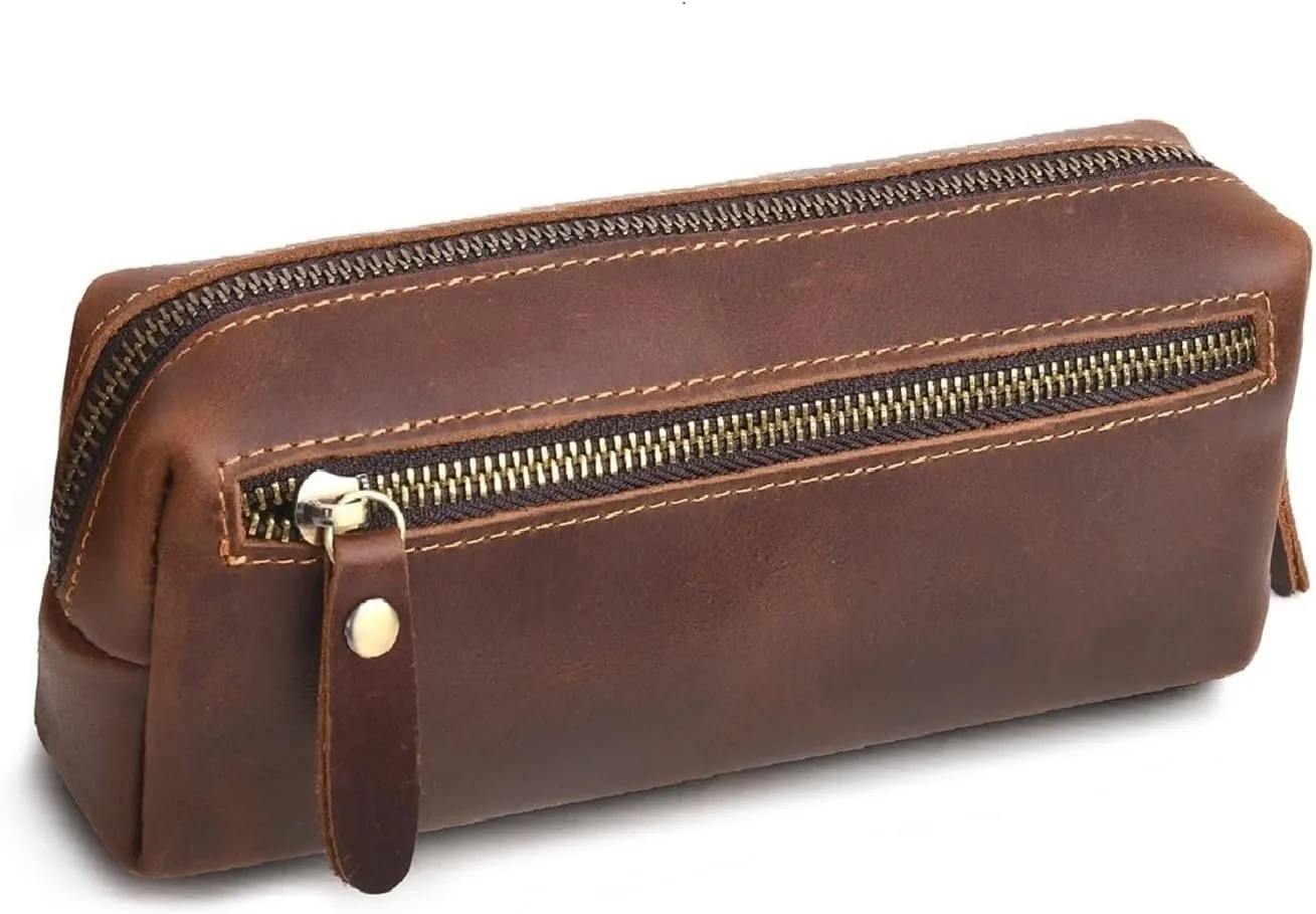WONDERPOOL Pen Case Real Leather Pencil Pouch Markers Holder Big Capacity Bag with Side Zippered Pocket for Stationery Tool