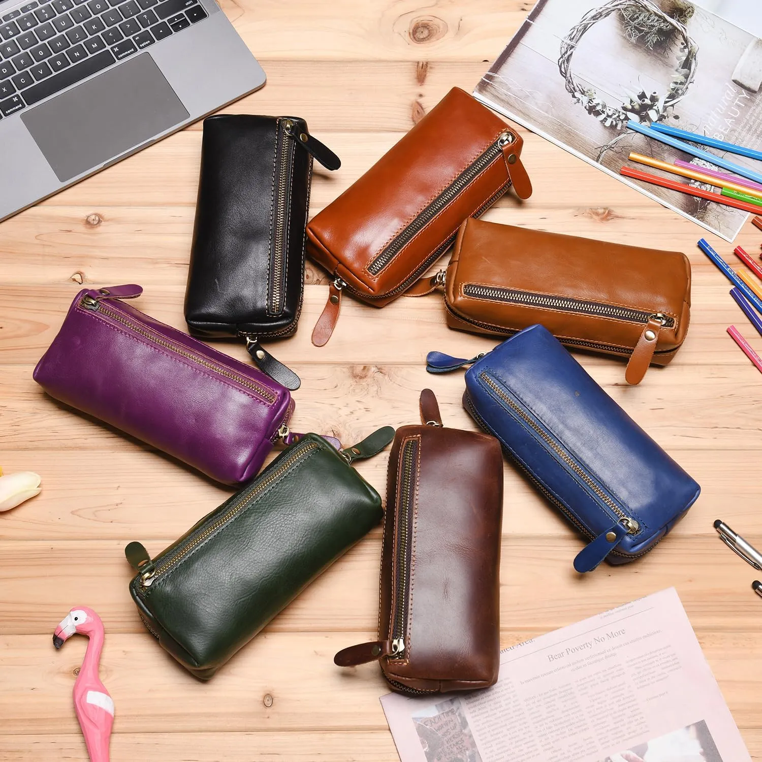 WONDERPOOL Pen Case Real Leather Pencil Pouch Markers Holder Big Capacity Bag with Side Zippered Pocket for Stationery Tool
