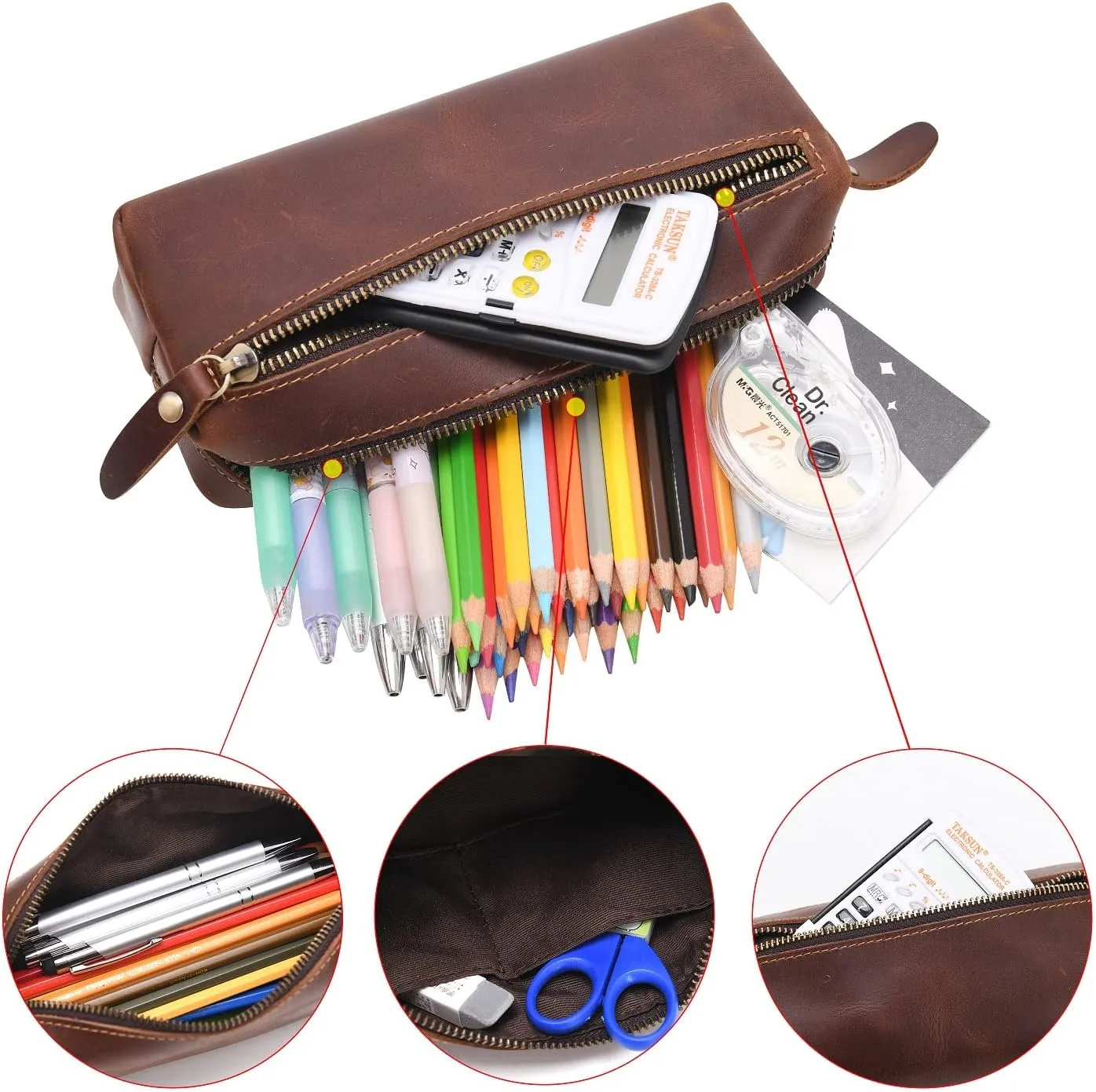 WONDERPOOL Pen Case Real Leather Pencil Pouch Markers Holder Big Capacity Bag with Side Zippered Pocket for Stationery Tool