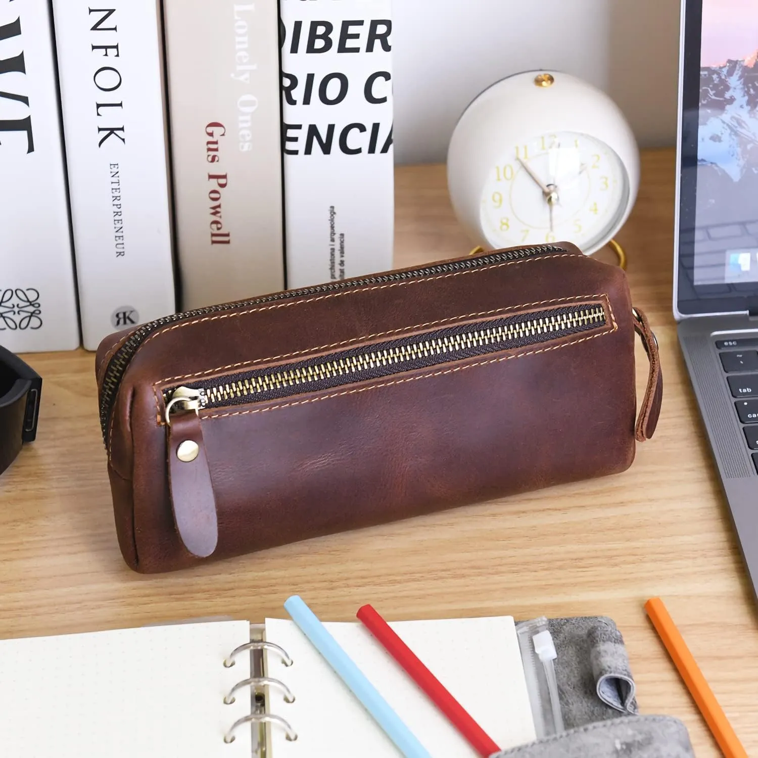 WONDERPOOL Pen Case Real Leather Pencil Pouch Markers Holder Big Capacity Bag with Side Zippered Pocket for Stationery Tool