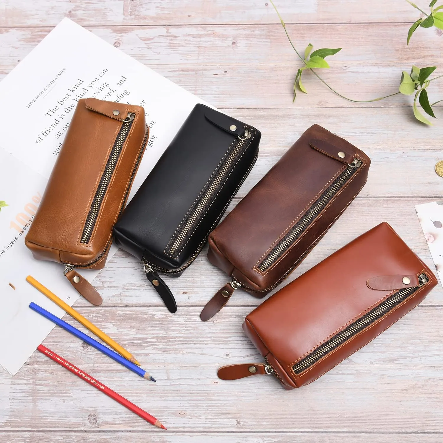 WONDERPOOL Pen Case Real Leather Pencil Pouch Markers Holder Big Capacity Bag with Side Zippered Pocket for Stationery Tool