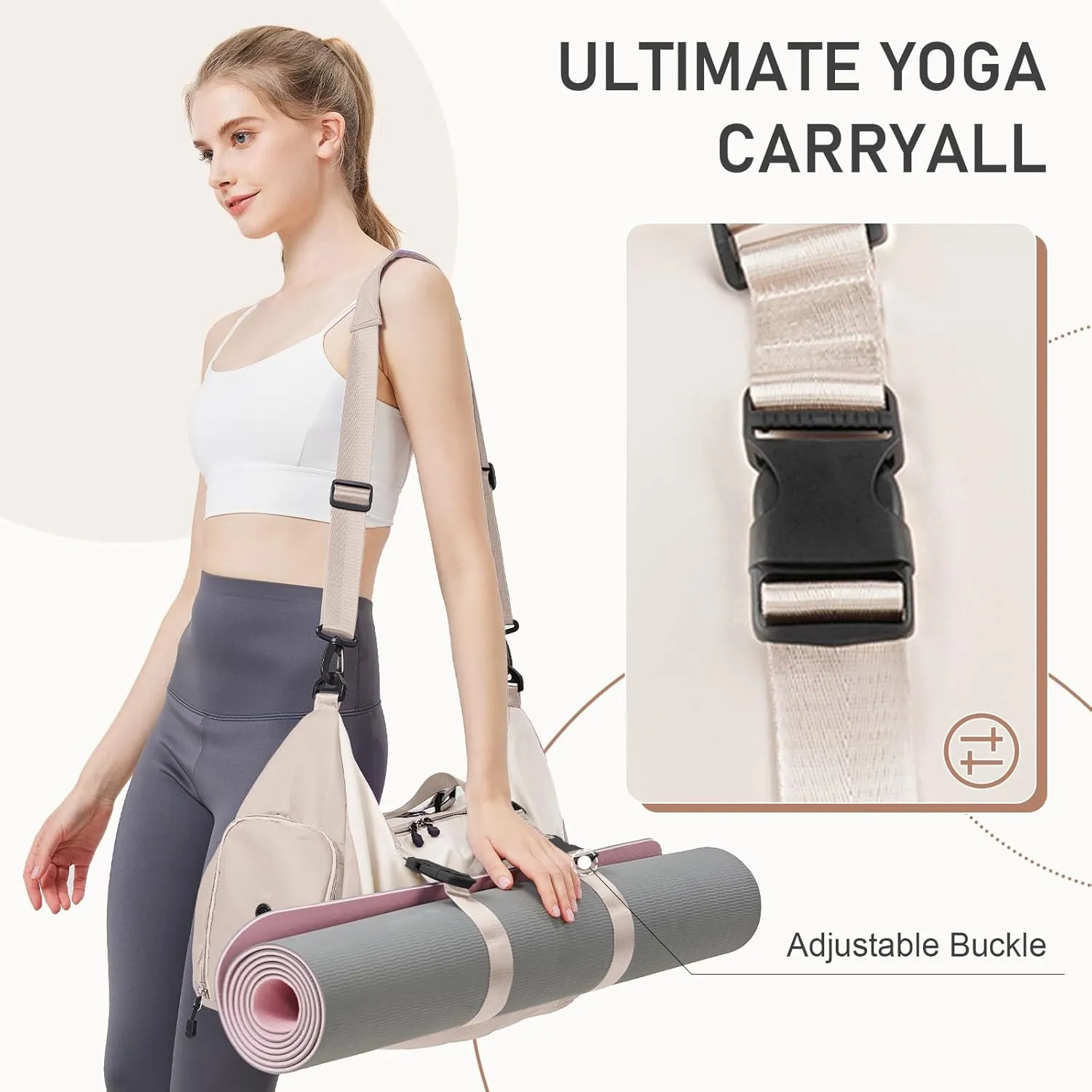 WOOMADA Gym Bag for Women with Yoga Mat Holder, Yoga Duffle Bag with Shoe Compartment, Multi-Purpose Travel, Workout, Dance, Sports Bag(Beige&Khaki)