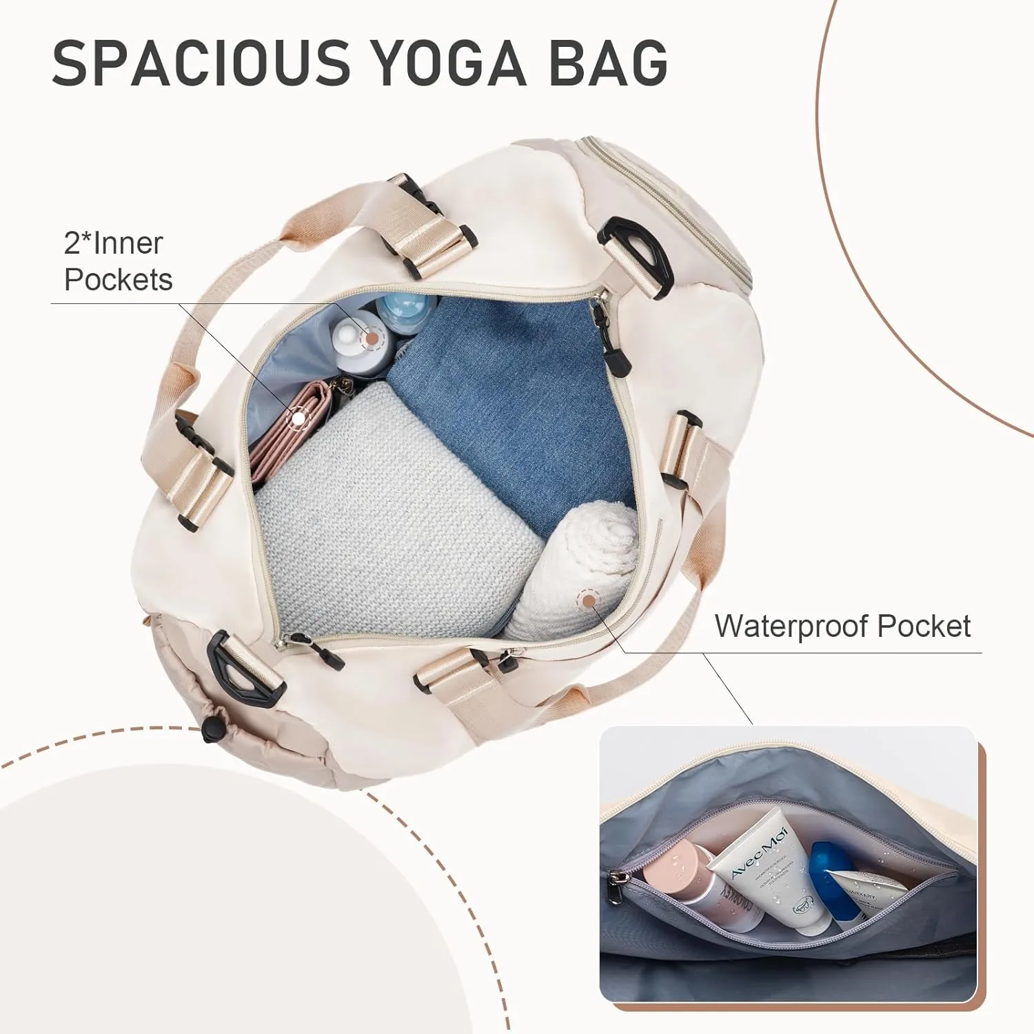 WOOMADA Gym Bag for Women with Yoga Mat Holder, Yoga Duffle Bag with Shoe Compartment, Multi-Purpose Travel, Workout, Dance, Sports Bag(Beige&Khaki)