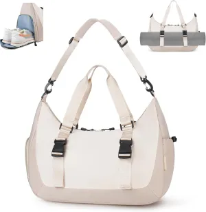 WOOMADA Gym Bag for Women with Yoga Mat Holder, Yoga Duffle Bag with Shoe Compartment, Multi-Purpose Travel, Workout, Dance, Sports Bag(Beige&Khaki)