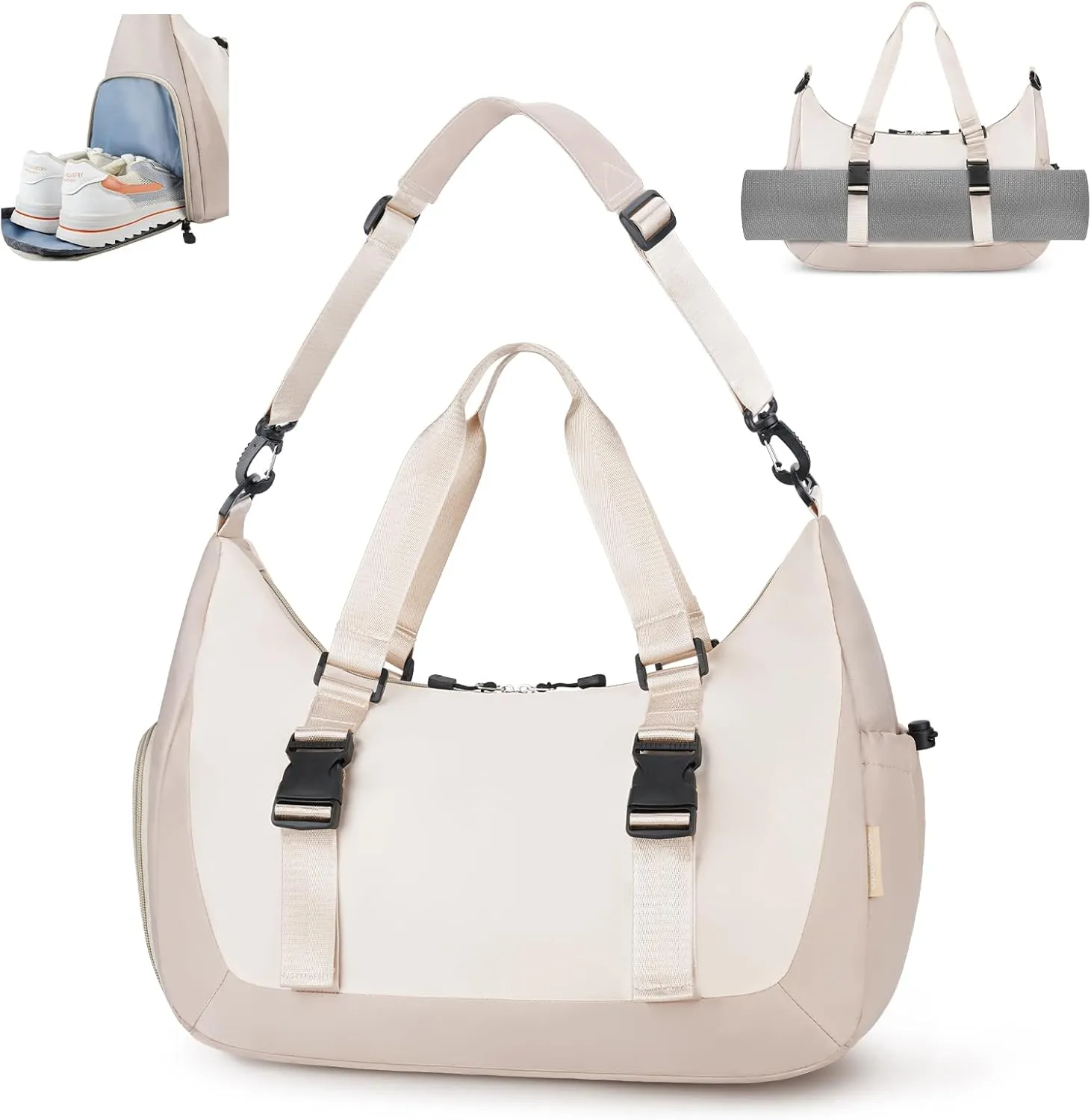 WOOMADA Gym Bag for Women with Yoga Mat Holder, Yoga Duffle Bag with Shoe Compartment, Multi-Purpose Travel, Workout, Dance, Sports Bag(Beige&Khaki)