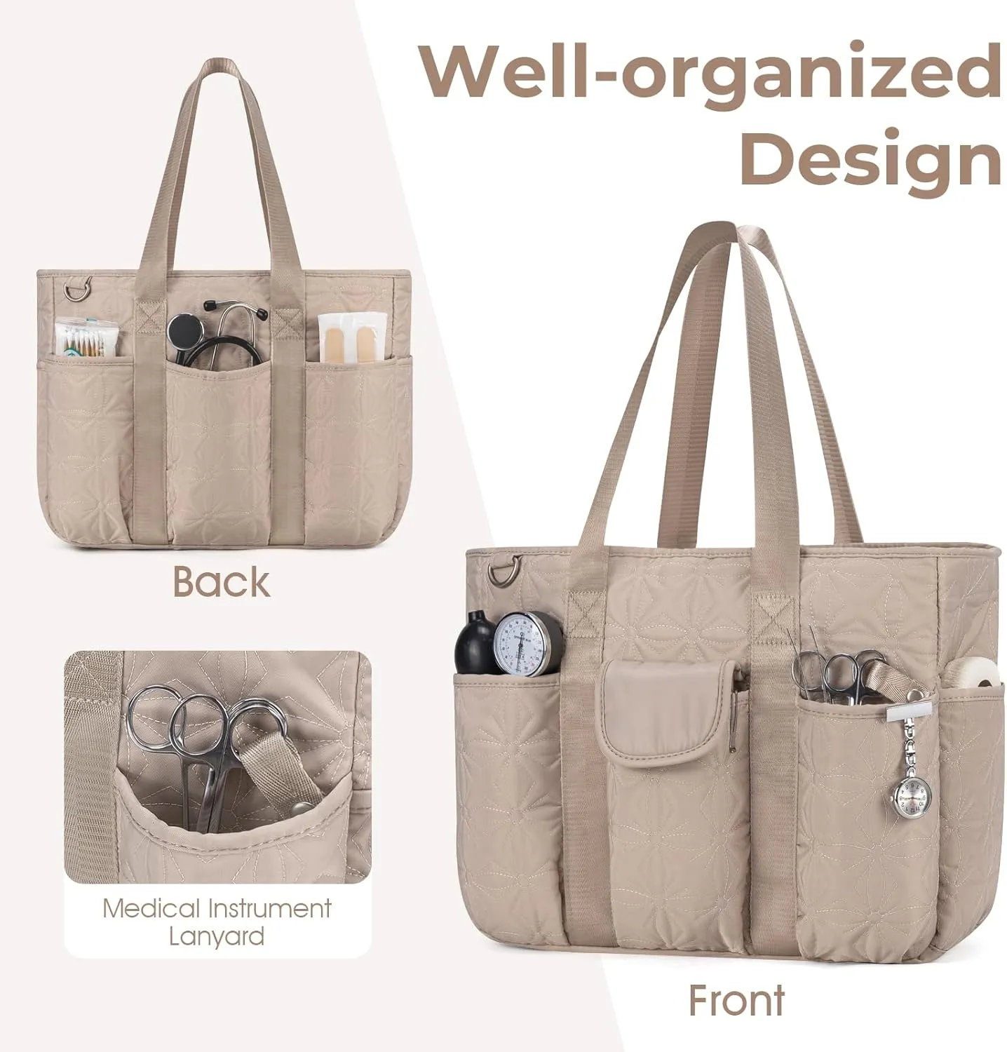 Work Tote Bag for Women with 15.6 Inch Laptop Compartment Quilted Nurse Bag for Work with Shoulder Strap