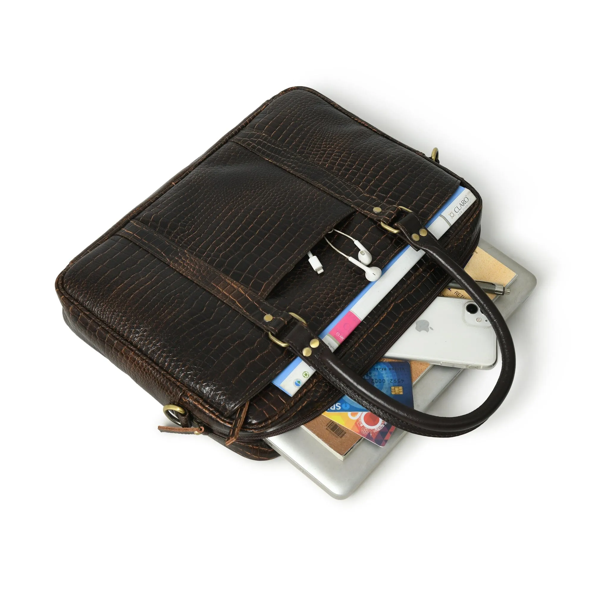 Worldwide tracking Leather Detailed Design Briefcase Croco 14"