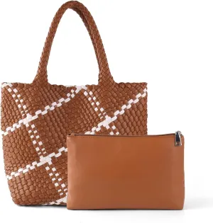 Woven Leather Tote Handbag for Women with Purse,Large Soft Hobo Shoulder Bag,Handmade Bag, Beach Underarm Bag