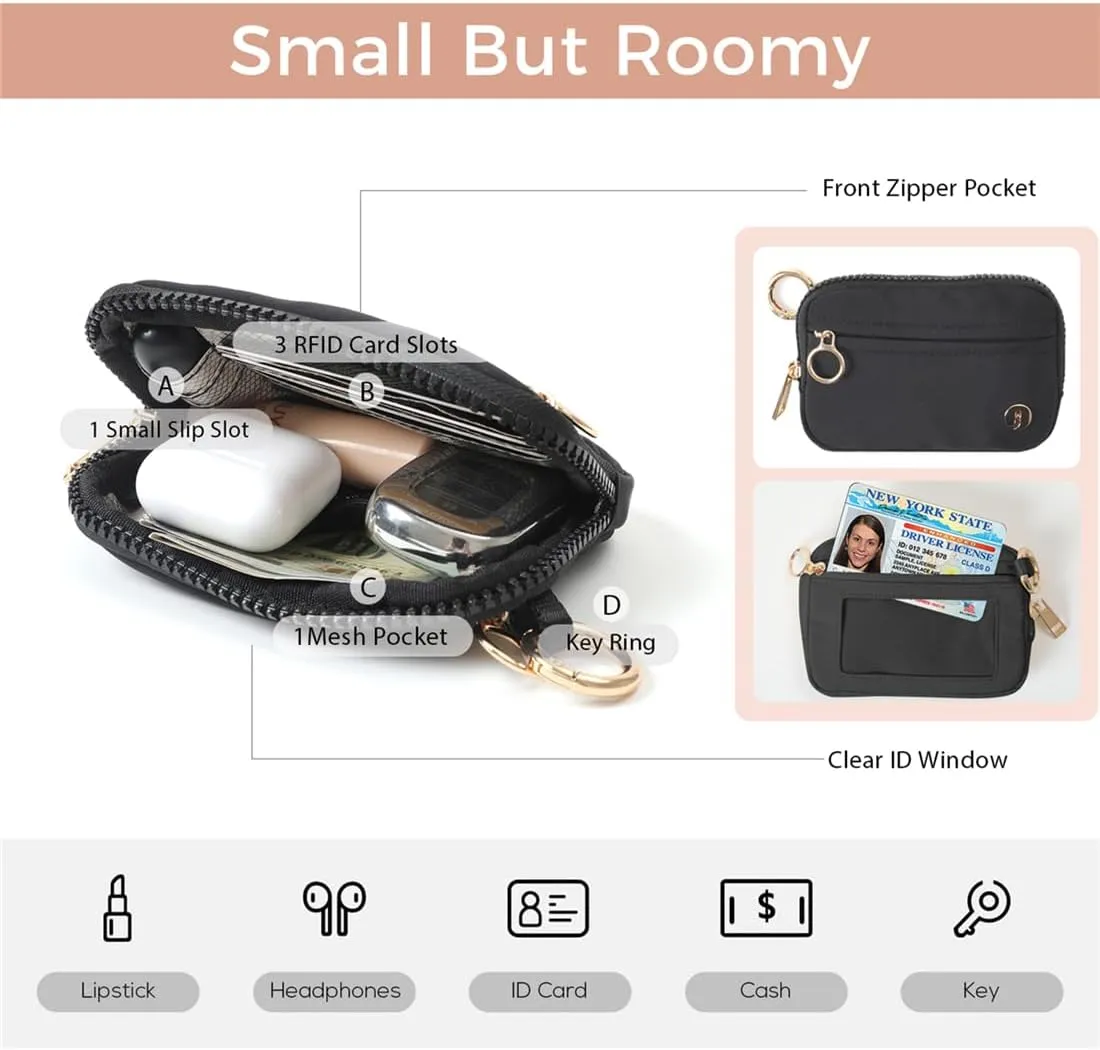 Wristlet Keychain Wallets for Women RFID Blocking Credit Card Holder Small Zipper Coin Purse Change Pouch with ID Window and Detachable Wrist Strap Black