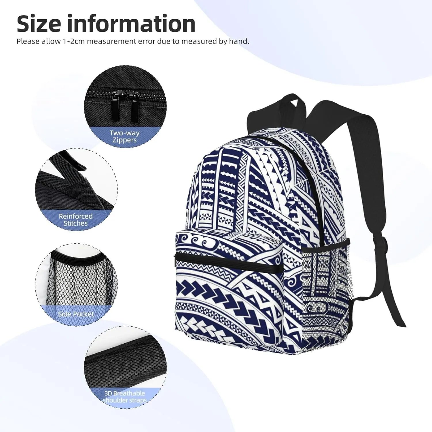 WURTON Blue Polynesian Maori Tribal Pattern Print Backpacks Casual,Pacious Compartments,Work,Travel,Outdoor Activities Unisex Daypacks