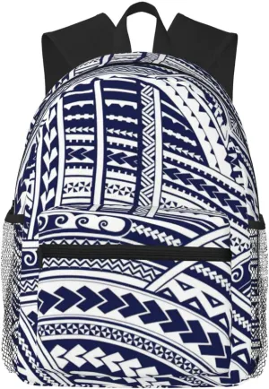 WURTON Blue Polynesian Maori Tribal Pattern Print Backpacks Casual,Pacious Compartments,Work,Travel,Outdoor Activities Unisex Daypacks