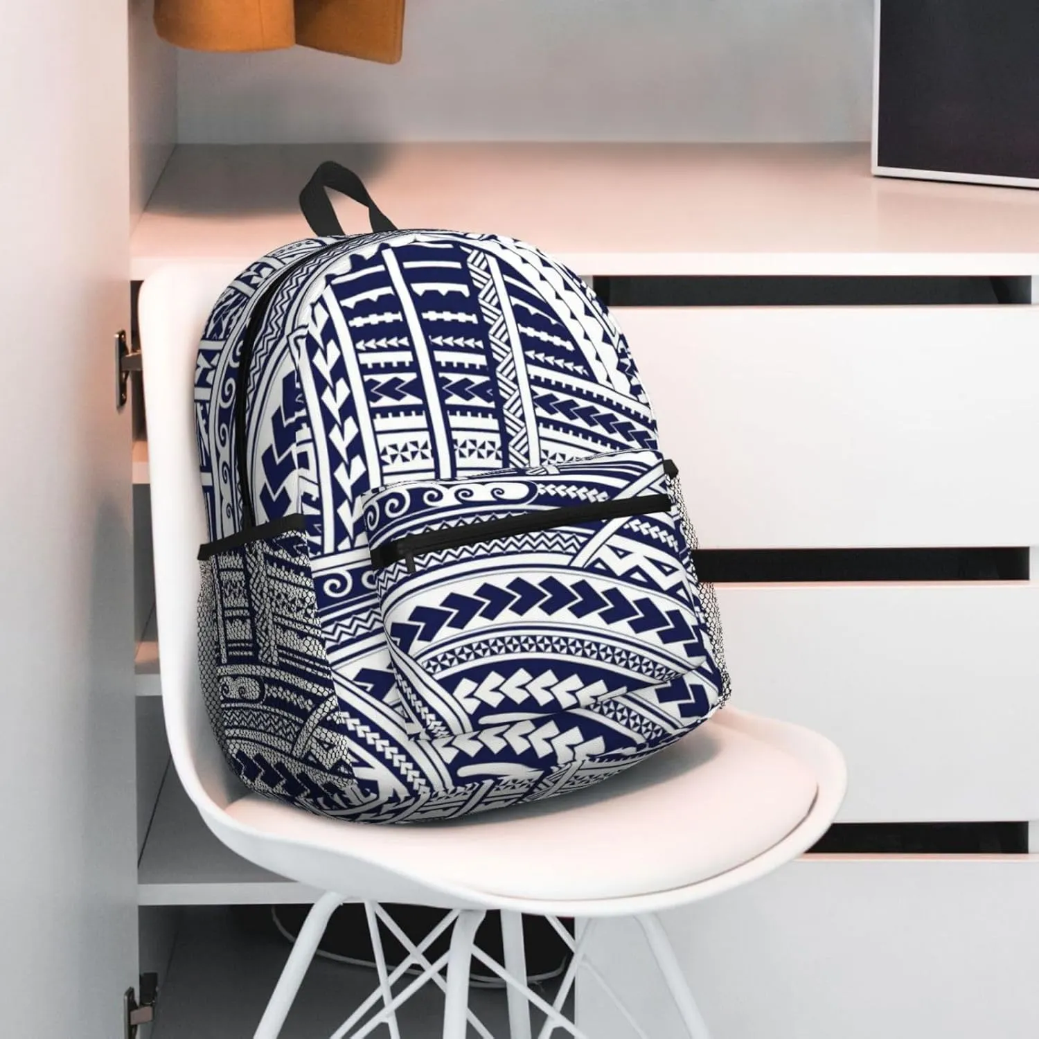 WURTON Blue Polynesian Maori Tribal Pattern Print Backpacks Casual,Pacious Compartments,Work,Travel,Outdoor Activities Unisex Daypacks