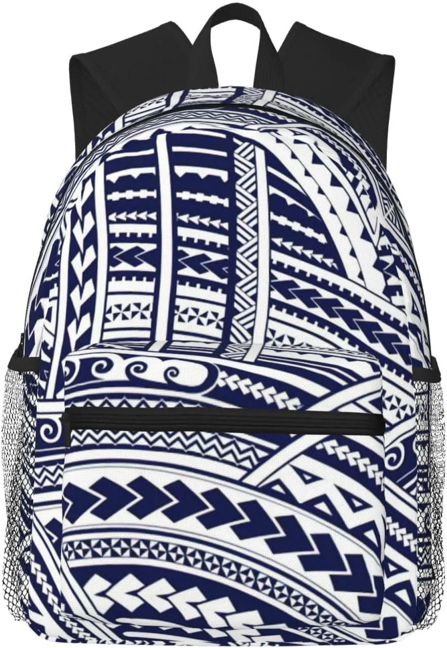 WURTON Blue Polynesian Maori Tribal Pattern Print Backpacks Casual,Pacious Compartments,Work,Travel,Outdoor Activities Unisex Daypacks