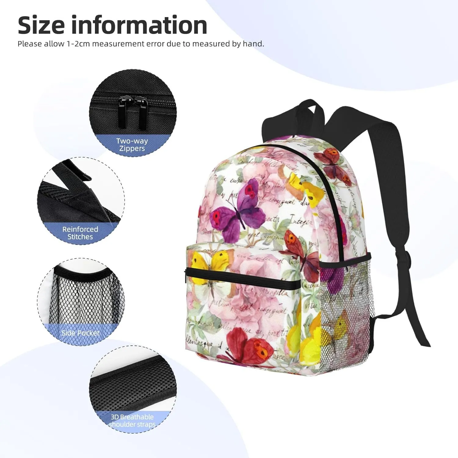 WURTON Butterfly Print Backpacks Casual,Pacious Compartments,Work,Travel,Outdoor Activities Unisex Daypacks