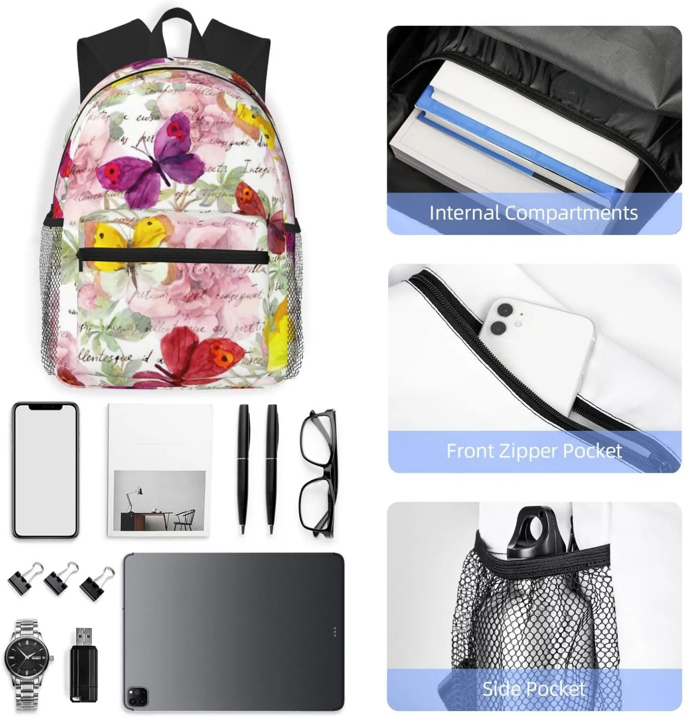 WURTON Butterfly Print Backpacks Casual,Pacious Compartments,Work,Travel,Outdoor Activities Unisex Daypacks