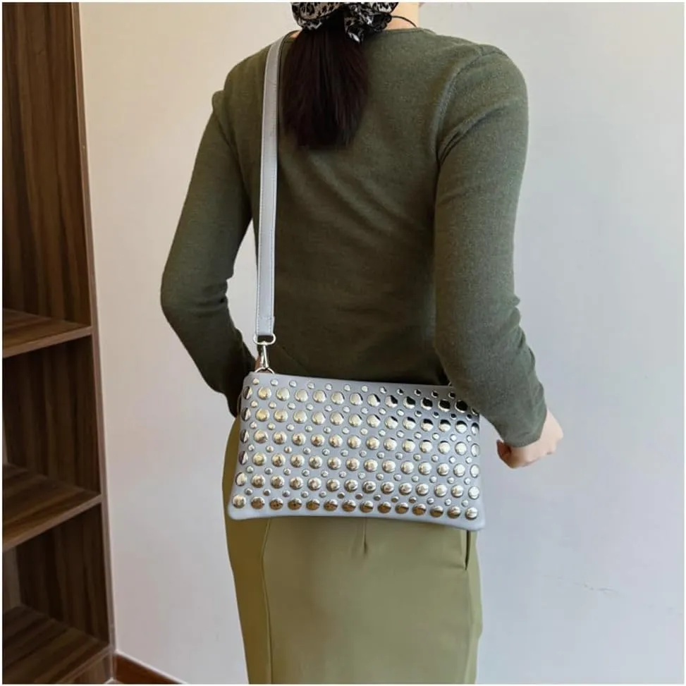 Y2k Crescent Crossbody Purse Women 90s PU Leather Trendy Studded Shoulder Satchels Hobo Bags Punk Underarm Tote Handbag