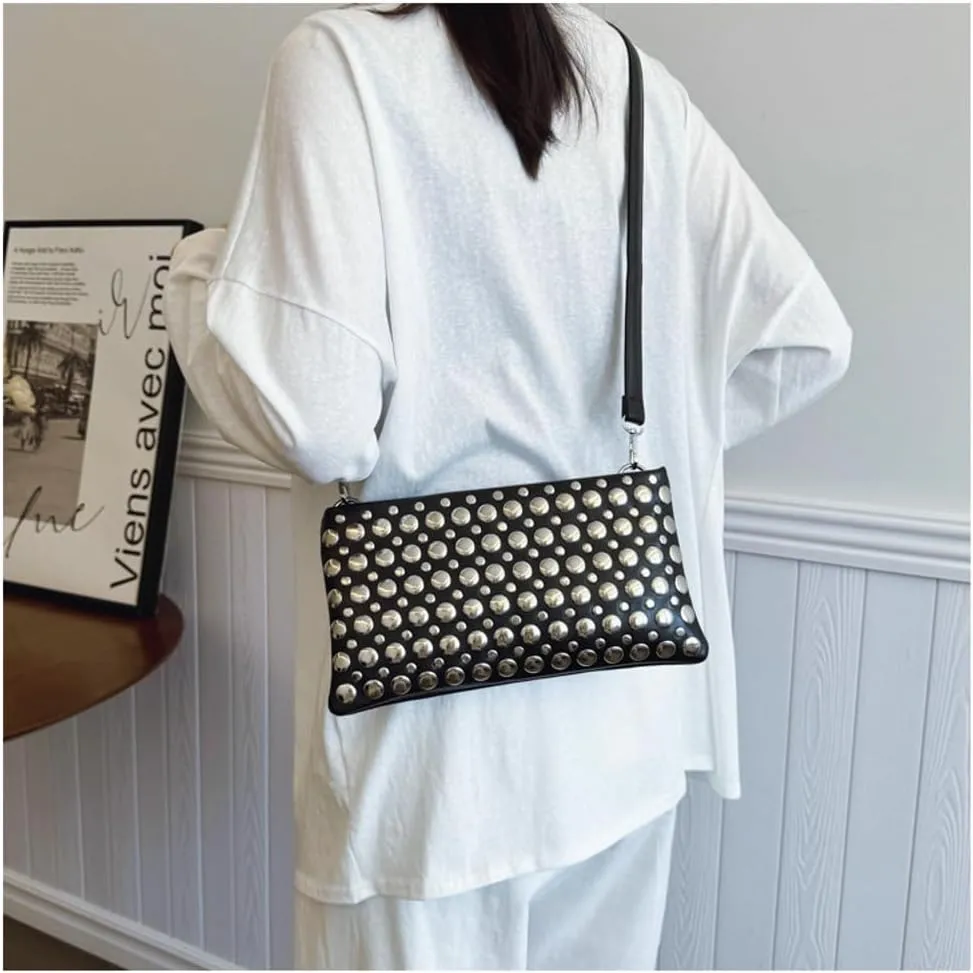 Y2k Crescent Crossbody Purse Women 90s PU Leather Trendy Studded Shoulder Satchels Hobo Bags Punk Underarm Tote Handbag