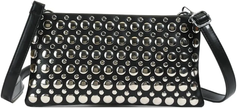 Y2k Crescent Crossbody Purse Women 90s PU Leather Trendy Studded Shoulder Satchels Hobo Bags Punk Underarm Tote Handbag