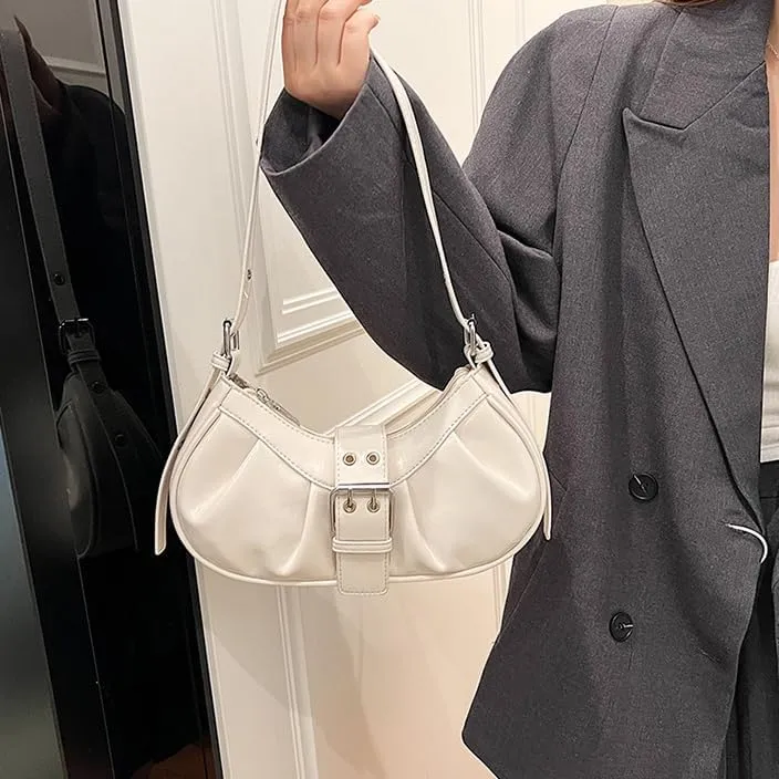 Y2k Shoulder Bag for Women Half Moon Bag Rivet Punk Hobo Purse Buckle Underarm Purses and Handbags