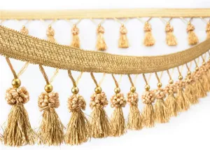 Yalulu 4 Yards Beads Hanging Ball Tassel Fringe Trim Fabric Ribbon Trimming for Curtain Tablecloth Home Decoration (Gold)