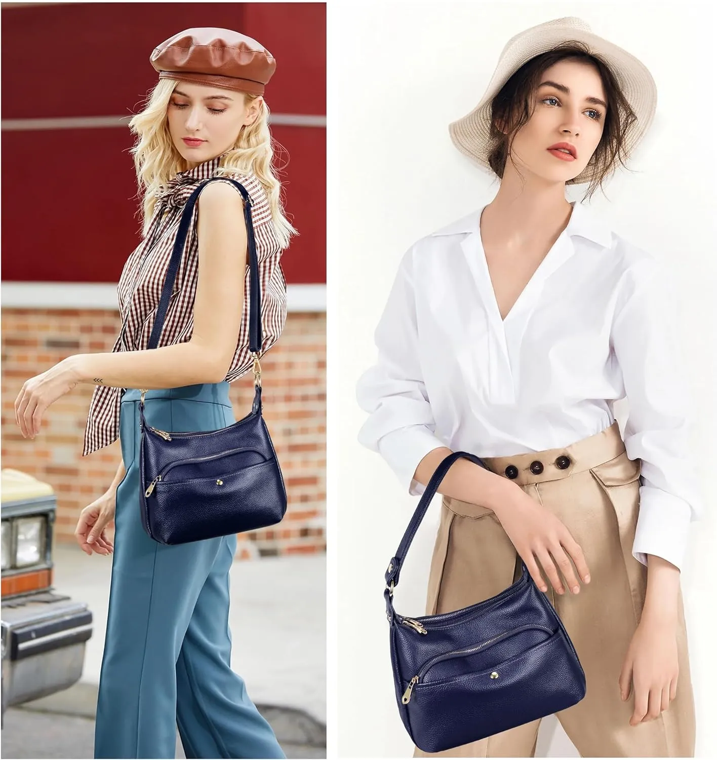 YALUXE Genuine Cowhide Leather Shoulder Bag Dual Zip Compartments Multi Pockets Fashion Handbags and Purses for Women