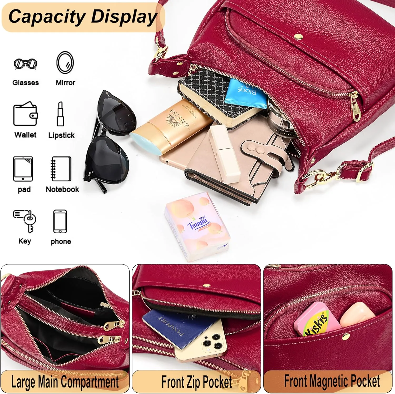 YALUXE Genuine Cowhide Leather Shoulder Bag Dual Zip Compartments Multi Pockets Fashion Handbags and Purses for Women