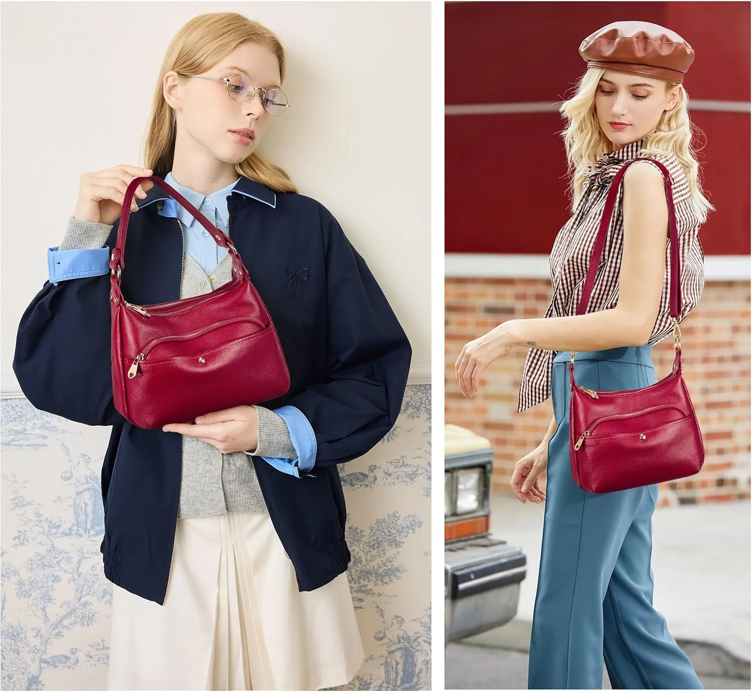 YALUXE Genuine Cowhide Leather Shoulder Bag Dual Zip Compartments Multi Pockets Fashion Handbags and Purses for Women