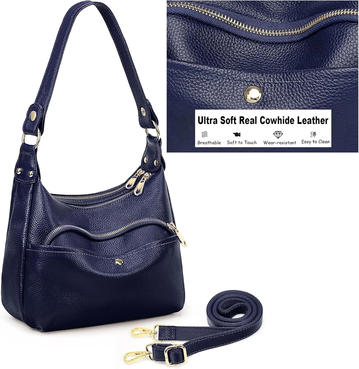 YALUXE Genuine Cowhide Leather Shoulder Bag Dual Zip Compartments Multi Pockets Fashion Handbags and Purses for Women