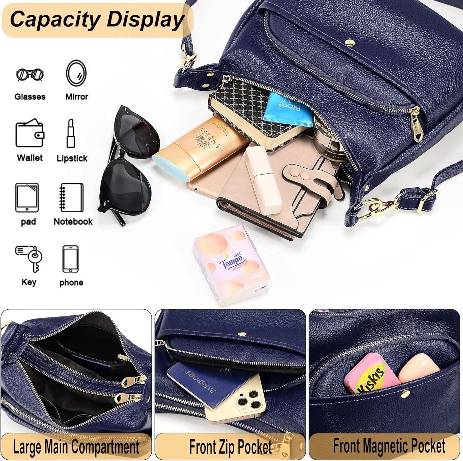 YALUXE Genuine Cowhide Leather Shoulder Bag Dual Zip Compartments Multi Pockets Fashion Handbags and Purses for Women